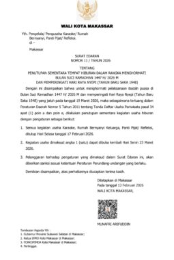 Sambut Ramadan, Pemkot Makassar Tutup Sementara THM, Karaoke, Refleksi dan Panti Pijat